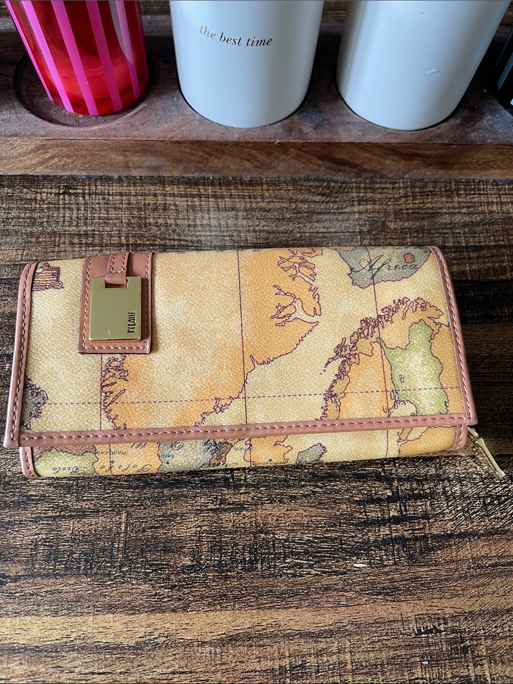FREW WITH $150 PURCHASE Map Print Zip-Around Wallet with Gold Plaque